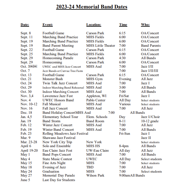 Band Schedule