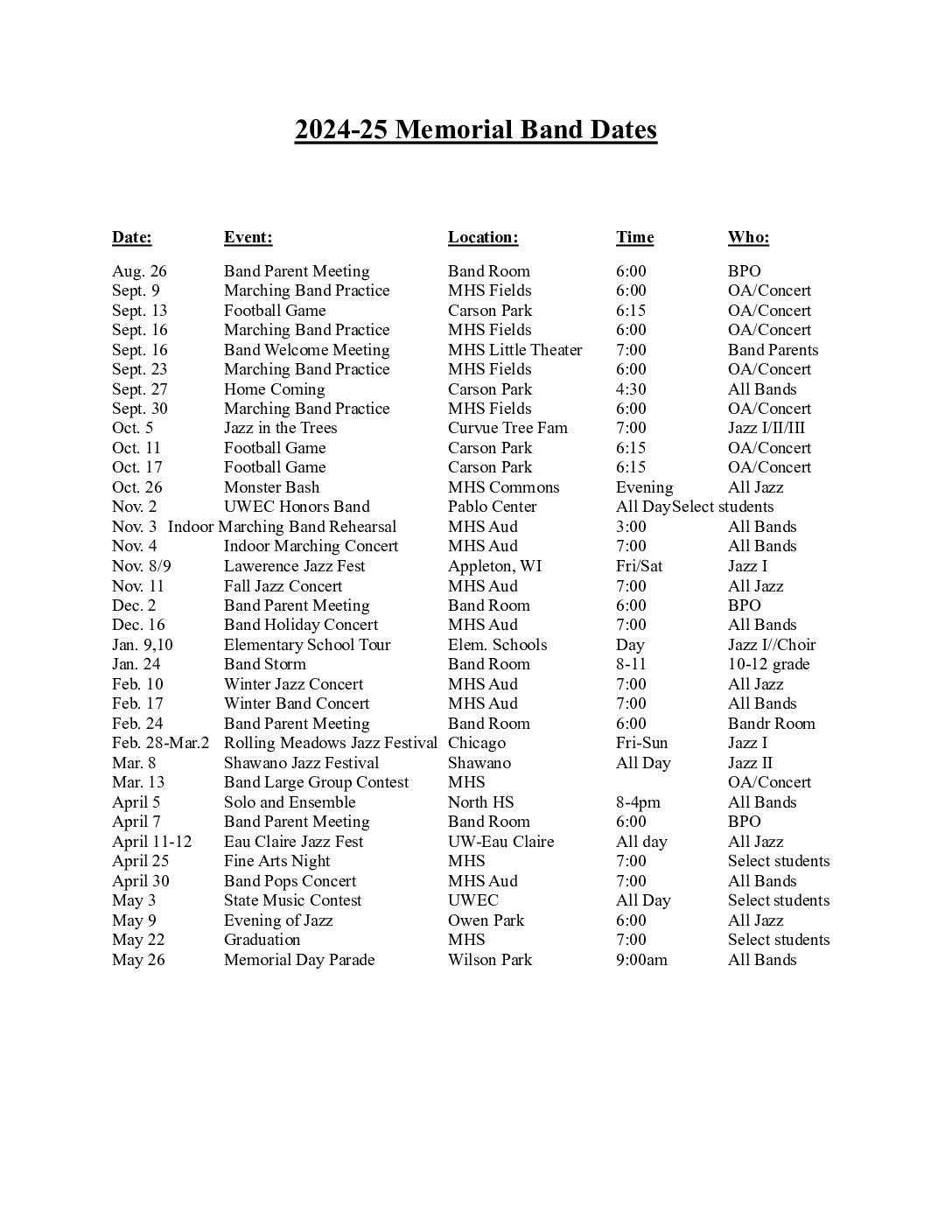 Band Schedule